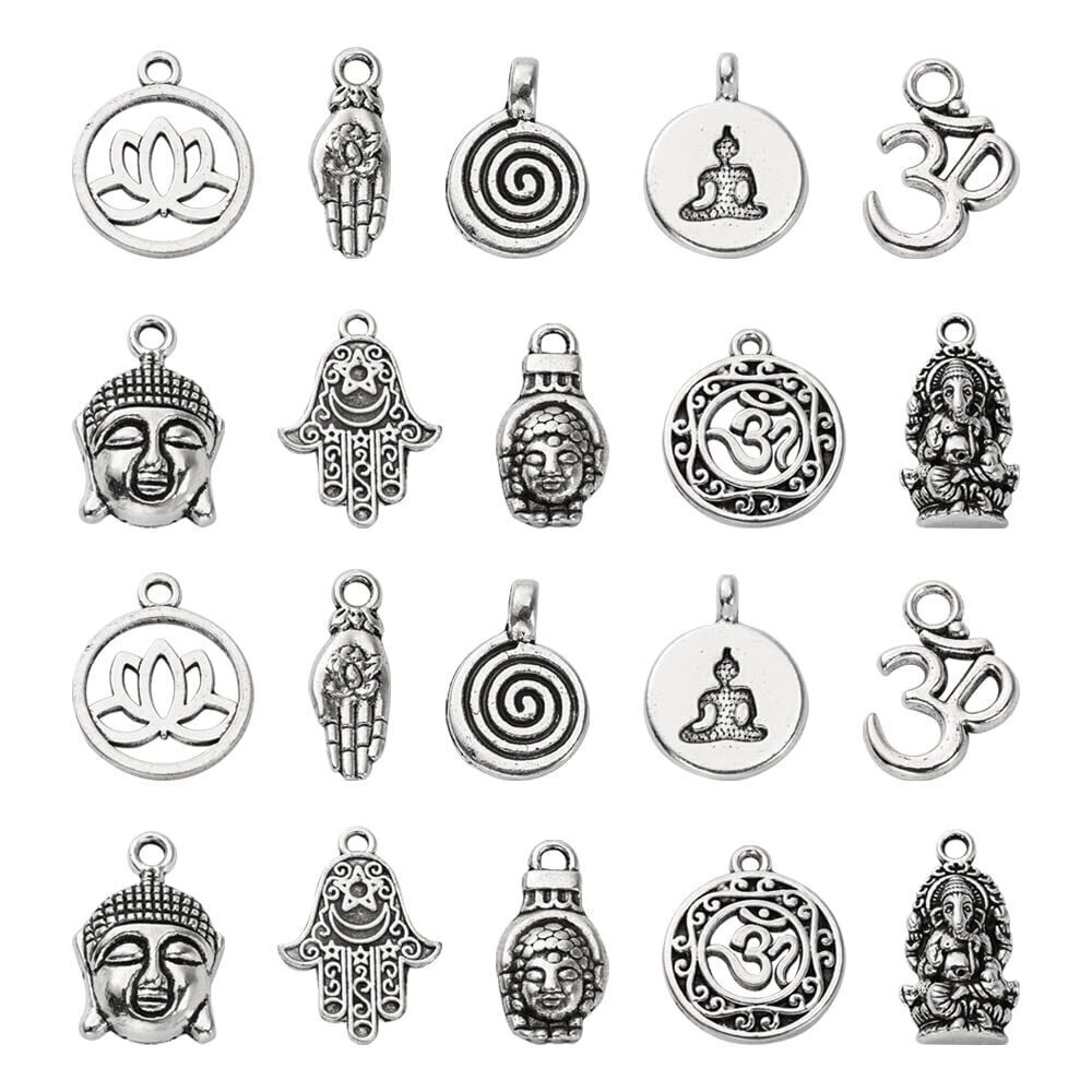 4940 100pcs 10 Styles Tibetan Style Alloy Charms - Tibetan Buddha Om